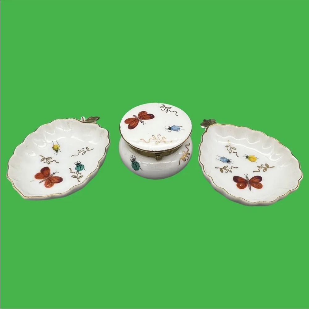 Vintage Set Ardalt Trinket Box And Dishes Butterfly Bugs Gold Leaves Japan D2
